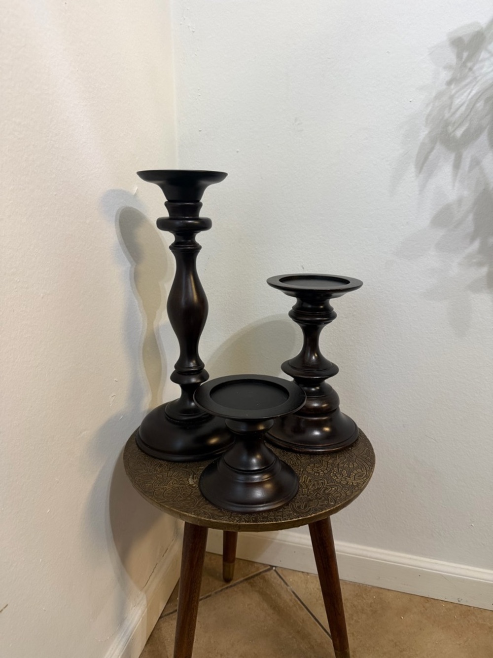 Pottery Barn Brown Black Turned Wood Candle Holder Trio